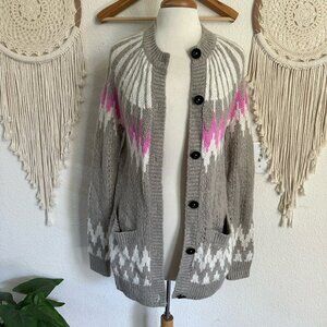 Abercrombie & Fitch gray and pink fair isle oversized cardigan XS chunky